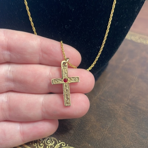 Vintage W. Germany Gold Tone Cross Pendant on Gold Overlay Chain - Picture 3 of 6
